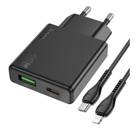 Зарядний пристрій Hoco N38 з кабелем Type-C - Lightning 1USB/1Type-C, 20W/3A, PD/QC (black) (168262)
