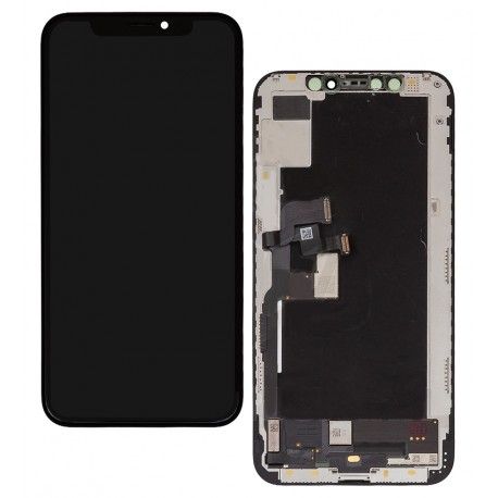 Дисплей для Apple iPhone XS, чорний, з рамкою, оригінал (переклеєне скло), з пластиками камери та давача наближення (167384)