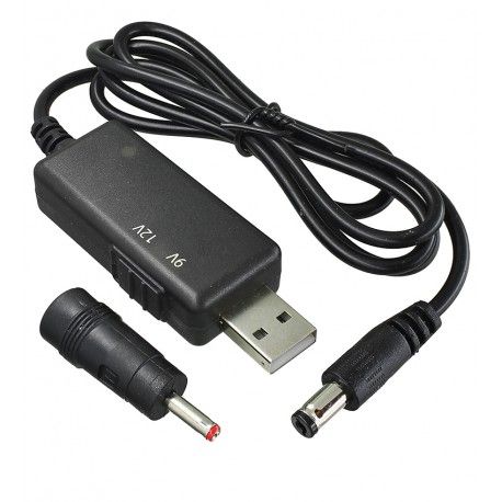 Кабель живлення USB-DC для роутера від Power bank з підвищувальним перетворювачем з 5V на 9V, 5,5x2,1мм або 12V, 3,5x1,35мм, з перемикачем (168645)