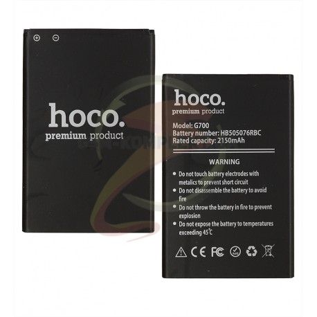 Акумулятор Hoco HB505076RBC для Huawei Ascend G610-U20, Ascend G700-U10, Ascend Y600-U20 Dual Sim, Li-ion, 3,8В, 2100 мАг (132691)