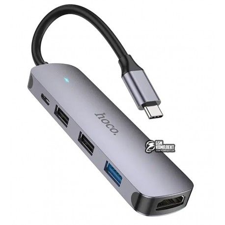 Type-C-хаб HOCO HB27 з портами USB 3.0 (F), 2xUSB 2.0 (F), HDMI (F), Type-C (F), 60W, сріблястий (155951)