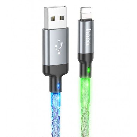 Кабель Lightning - USB, Hoco U112 Shine charging data, 1.2м, 2.4А, силіконовий, сірий з підсвіткою (159053)