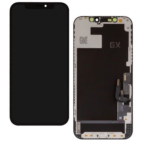 Дисплей для Apple iPhone 12, iPhone 12 Pro, чорний, з рамкою, High Quality, без мікросхеми, з пластиками камери та давача наближення, (OLED), GX OEM hard (165856)