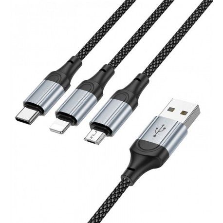 Кабель Hoco X102 3в1 (USB to Lightning/Type-C/MicroUSB), у тканинному обплетенні, 1 метр, 2,4А, чорний (168789)