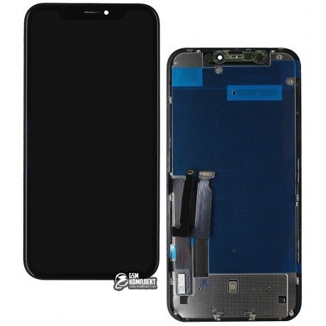 Дисплей для iPhone XR, чорний, з тачскріном, з рамкою, China quality, Tianma, з пластиками камери, датчика наближення (145596)