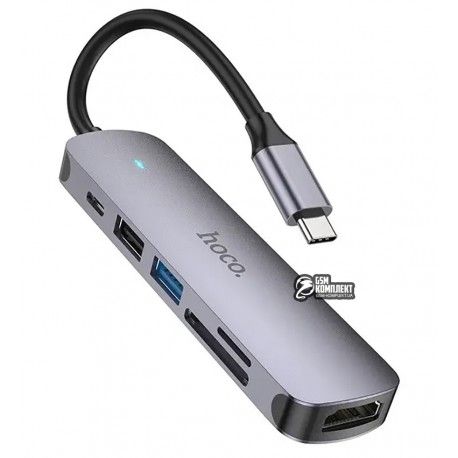 Type-C-хаб HOCO HB28 з портами USB 3.0 (F), USB 2.0 (F), HDMI (F), Type-C (F), CD, MicroCD, 60W, сріблястий (155952)