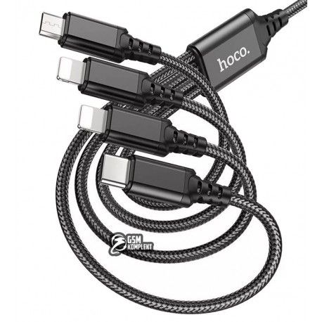 Кабель Micro-USB+Lightning+Lightning+Type-C - USB, 4 в1, Hoco X76 Super charging, 1 метр, 2А, чорний (158447)