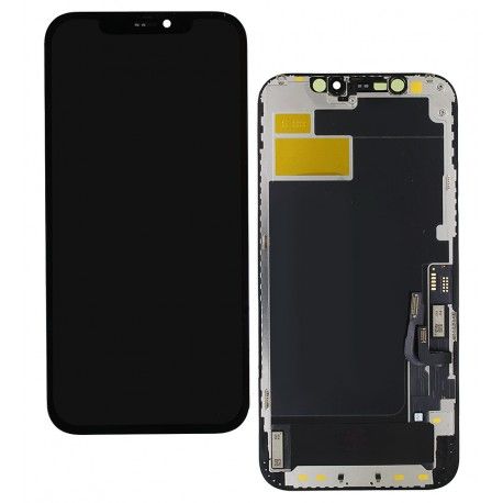 Дисплей для Apple iPhone 12, iPhone 12 Pro, черный, с рамкой, Original (PRC), с пластиками камеры и датчика приближения, Self-welded OEM (149313)